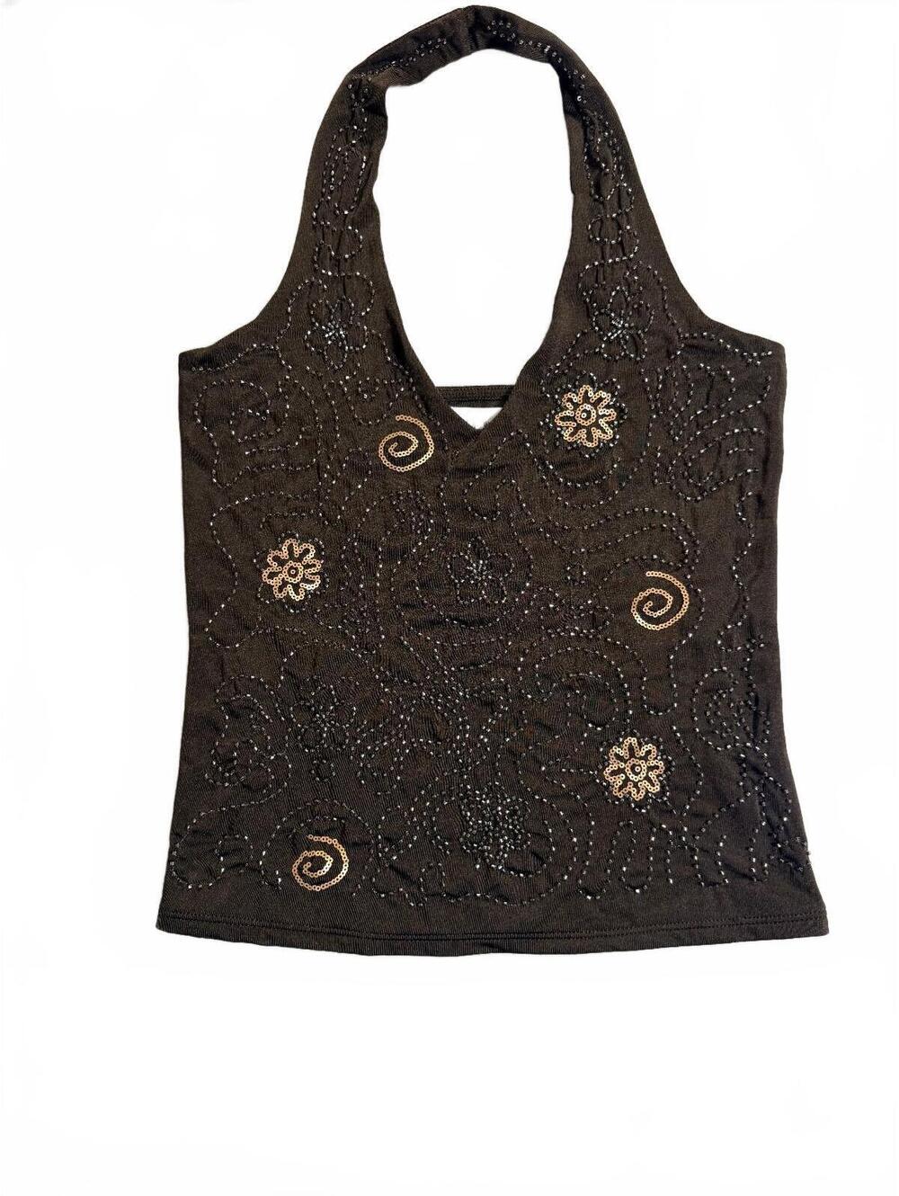 Urban Weekend Brown Beaded Halter Top Size M Boho Y2K Festival Style